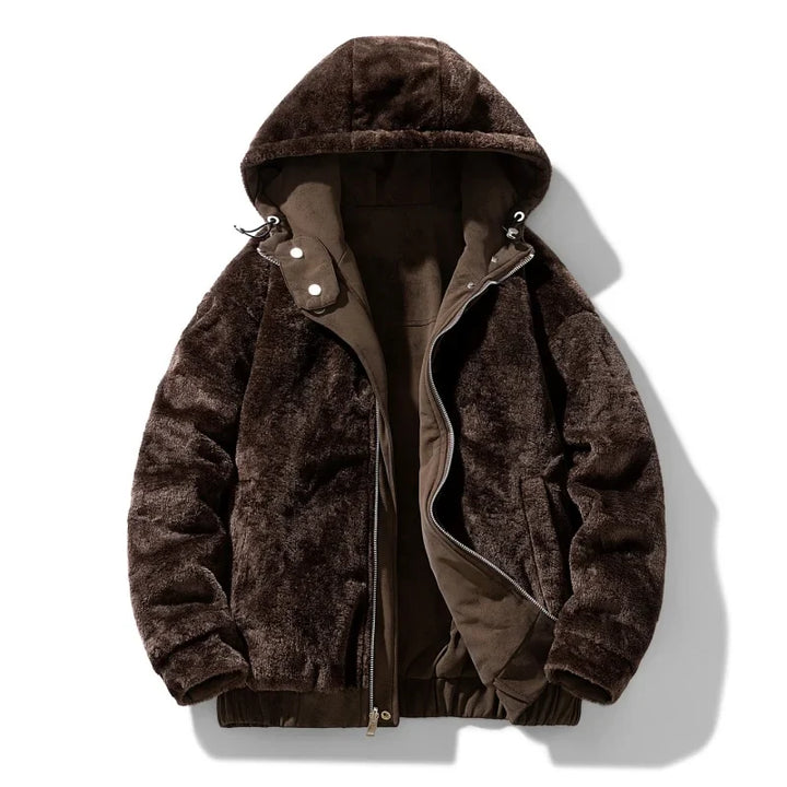 Side profile of men's casual sherpa-lined hooded jacket, perfect for cold weather