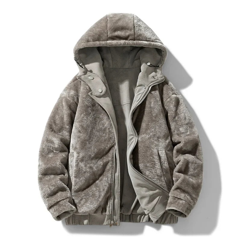 Man's sherpa-lined jacket with hood up, showing plush sherpa lining, winter essential