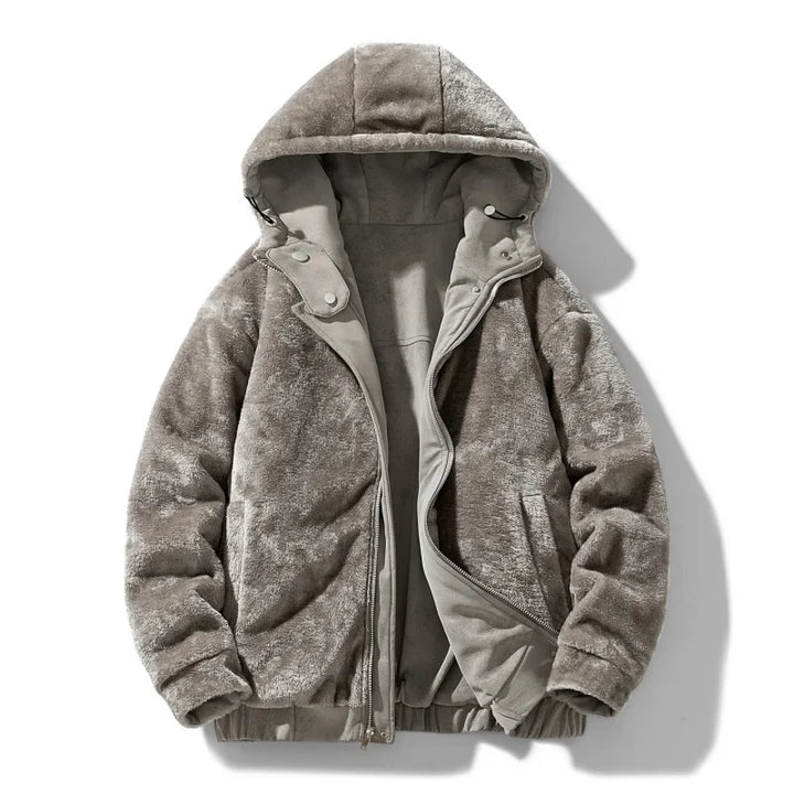 Man's sherpa-lined jacket with hood up, showing plush sherpa lining, winter essential