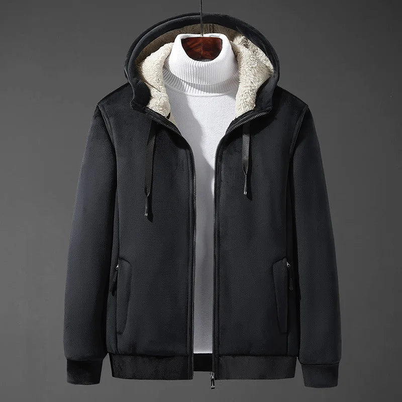 Man wearing a stylish Men's Sherpa Lined Hooded Jacket, perfect for cold weather