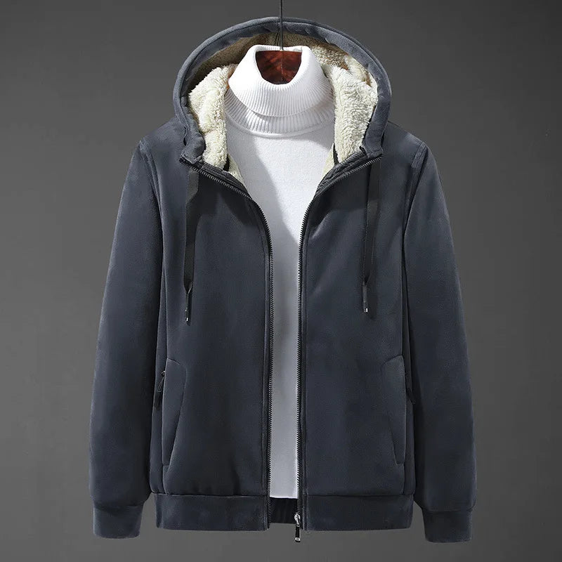 Front view of a rugged men's hooded jacket with soft sherpa lining for ultimate warmth