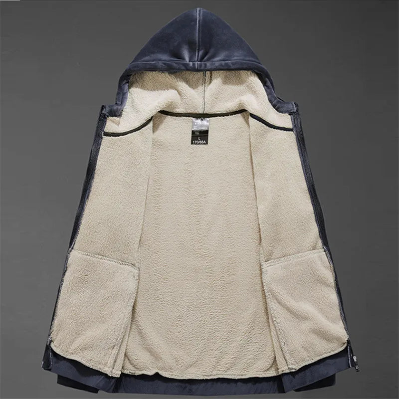 Side profile of the Men's Sherpa Lined Hooded Jacket, showcasing its comfortable fit