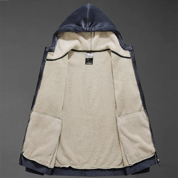 Side profile of the Men's Sherpa Lined Hooded Jacket, showcasing its comfortable fit