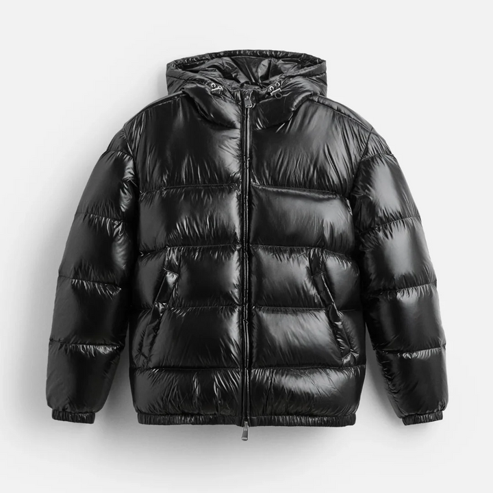 Stylish men's quilted hooded puffer jacket in a glossy finish, perfect for cold weather fashion