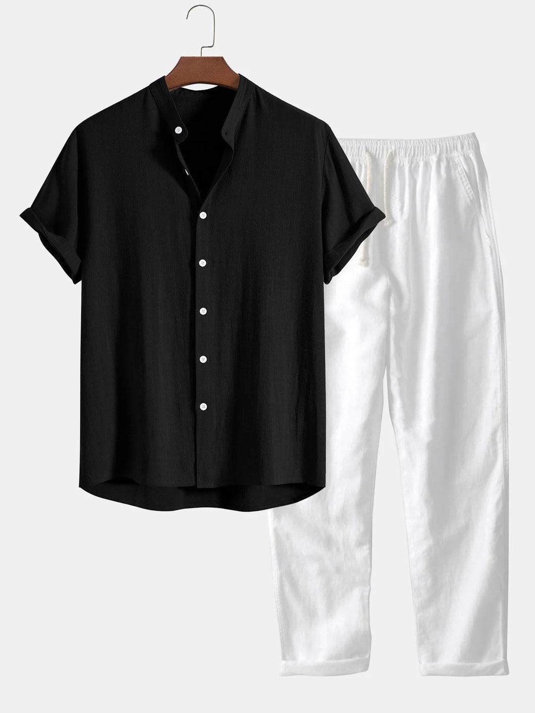 Trendy men's outfit set: casual shirt & pants with rolled cuffs, perfect for modern summer fashion.