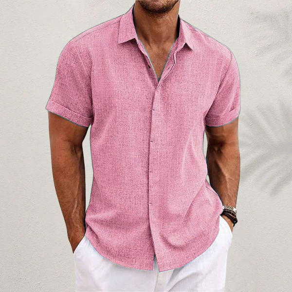Modern men's casual button-down shirt, short sleeve design, perfect for a stylish and comfortable everyday outfit.