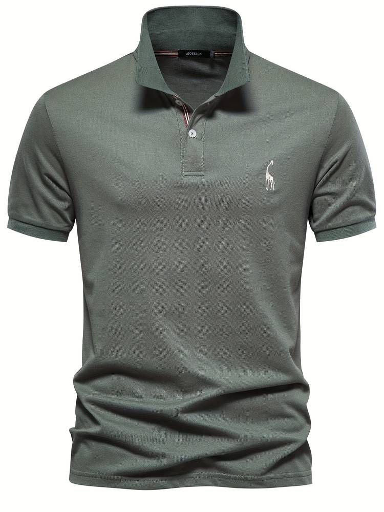 Men's short sleeve golf polo shirt with unique embroidered giraffe logo.