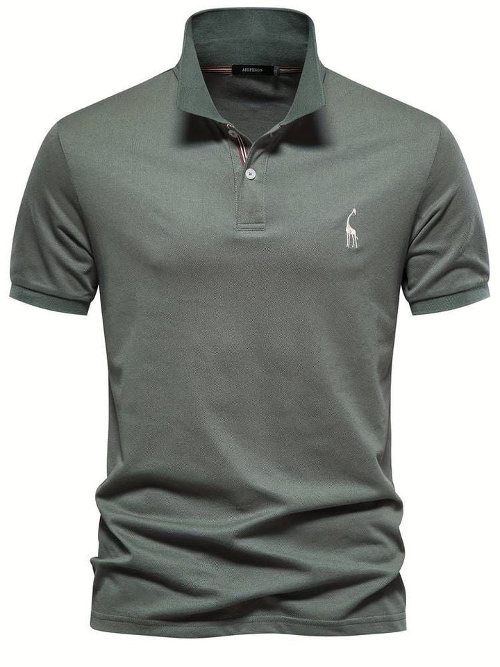 Men's short sleeve golf polo shirt with unique embroidered giraffe logo.