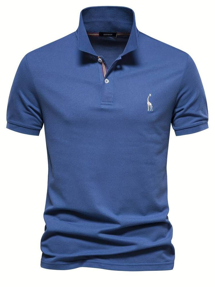 Comfortable men's short sleeve polo, ideal for golf or casual wear, featuring an embroidered giraffe.
