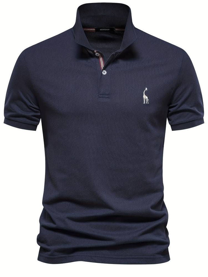Stylish men's short sleeve polo, perfect for golf or casual outfits, with a distinctive embroidered giraffe.