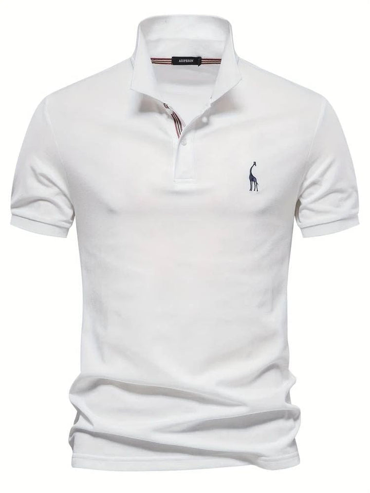 Men's golf polo shirt, short sleeve, featuring an elegant embroidered giraffe, suitable for the course.