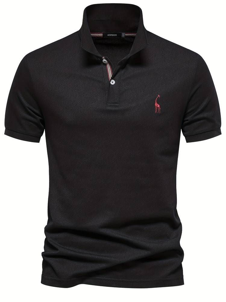Regular fit men's short sleeve polo, embroidered with a giraffe, versatile for sports or casual fashion.