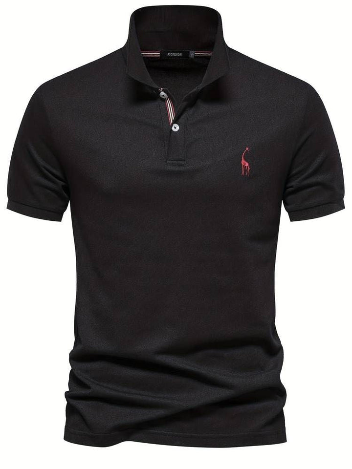 Regular fit men's short sleeve polo, embroidered with a giraffe, versatile for sports or casual fashion.