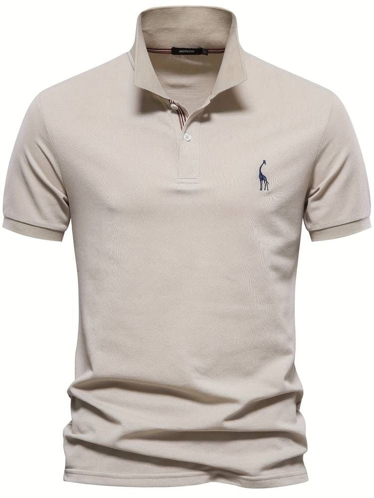 Men's short sleeve golf polo, embroidered giraffe detail, perfect for casual style & active comfort.