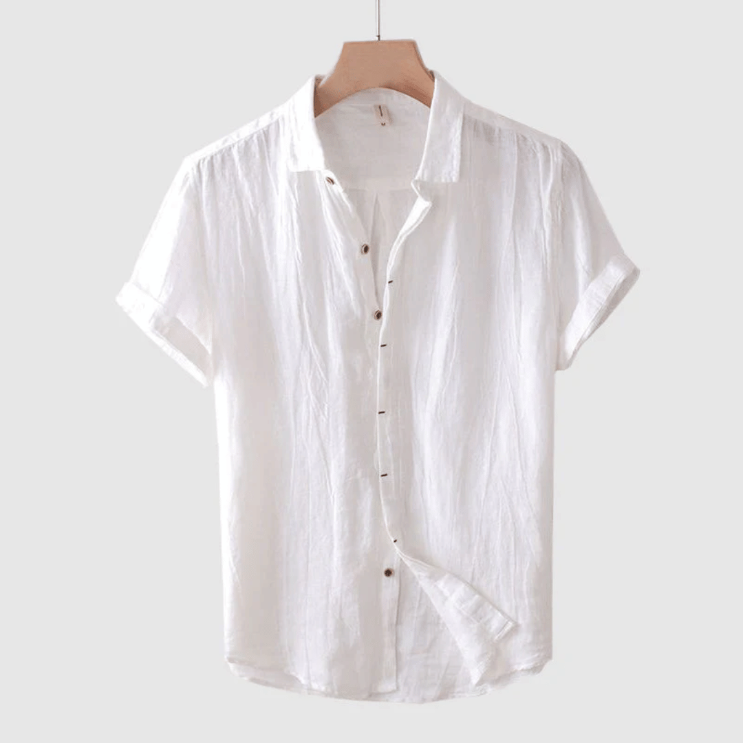Stylish men's button-up short sleeve shirt, ideal for warm weather, vacations, or everyday relaxed wear.