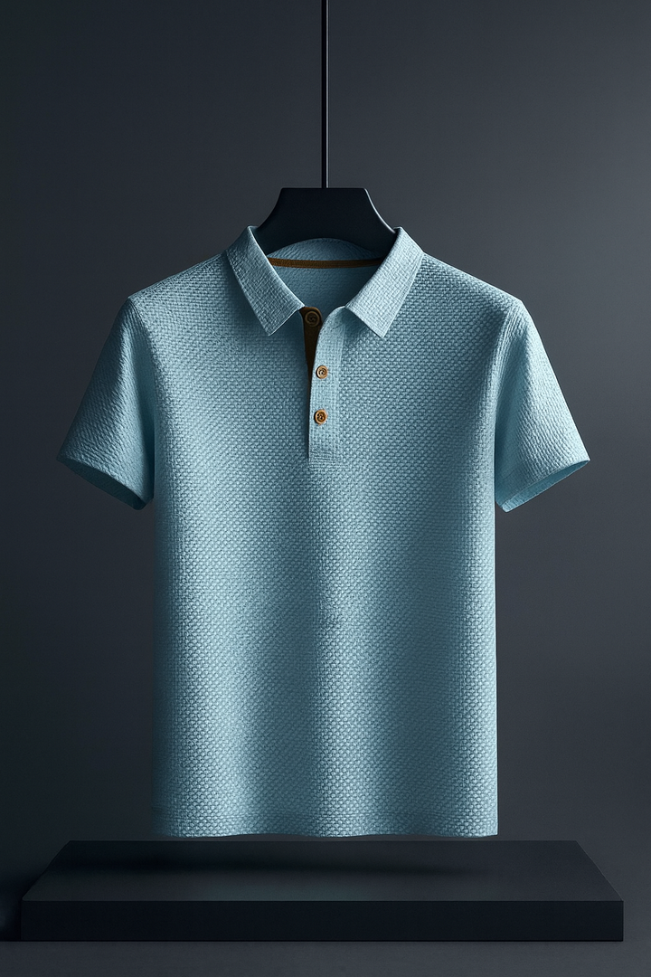 Stylish men's short sleeve textured polo. Versatile for summer fashion, casual or smart casual wear.