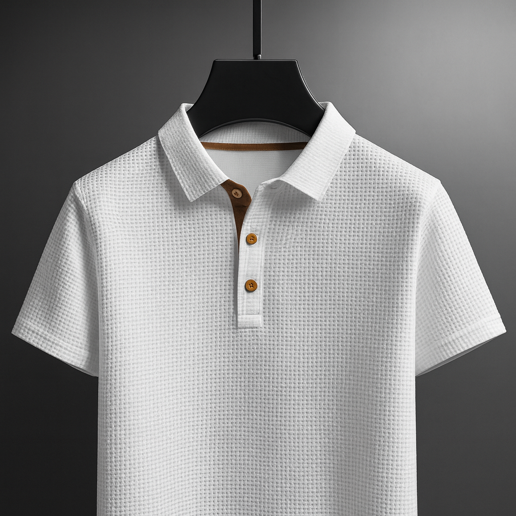 Comfortable men's button-down textured polo shirt. Perfect short sleeve top for versatile summer style.