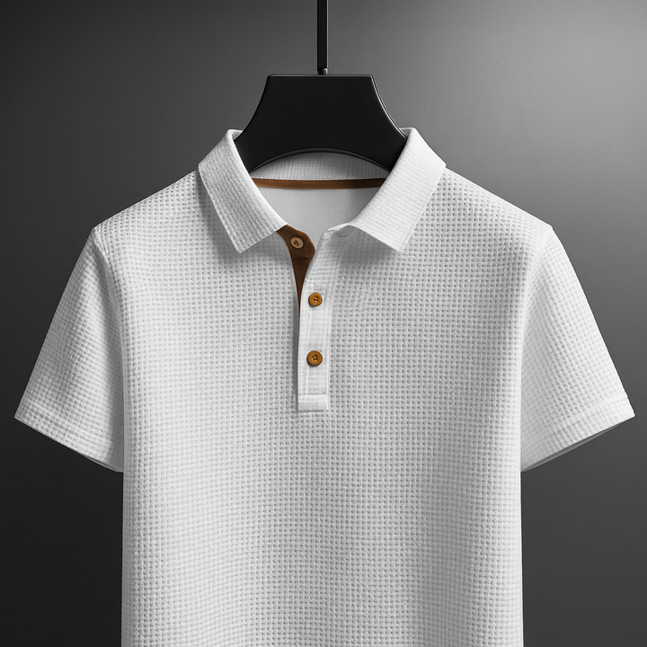 Comfortable men's button-down textured polo shirt. Perfect short sleeve top for versatile summer style.