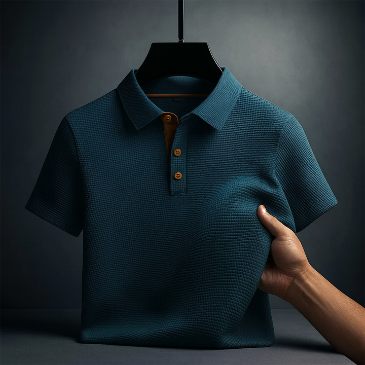 Textured short sleeve polo for men, a smart casual button-down shirt for modern summer fashion.