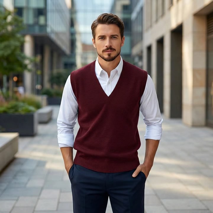 Men's sleeveless V-neck vest, perfect for layering and adding a polished touch to any outfit.