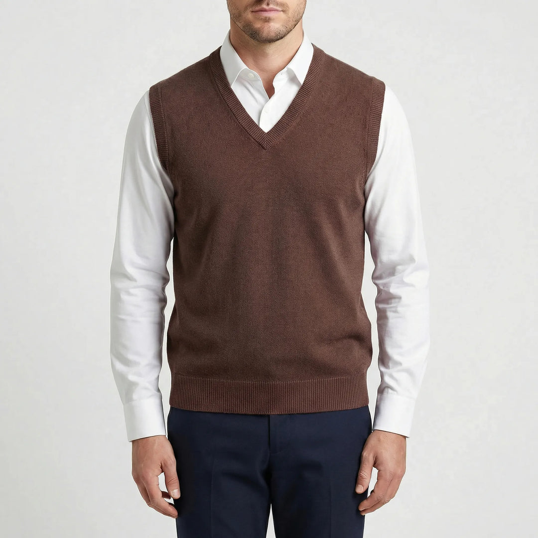 Sleek men's V-neck sleeveless vest, a modern layering piece for contemporary men's style.