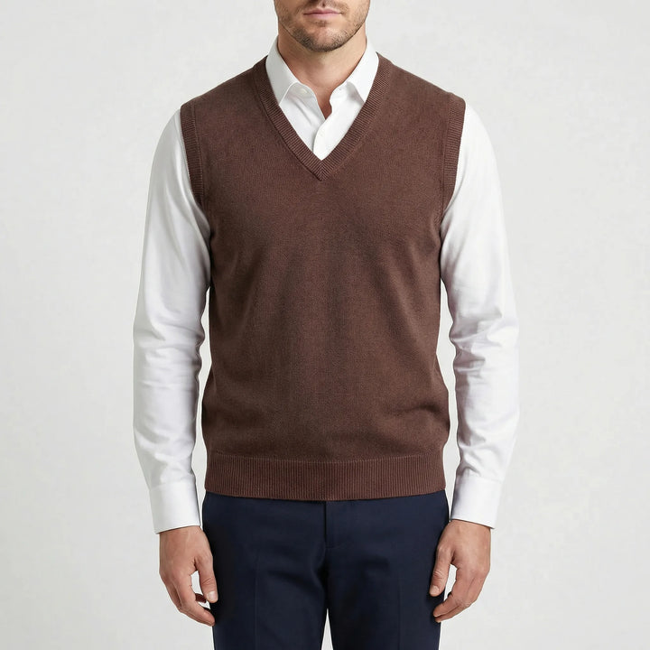 Sleek men's V-neck sleeveless vest, a modern layering piece for contemporary men's style.