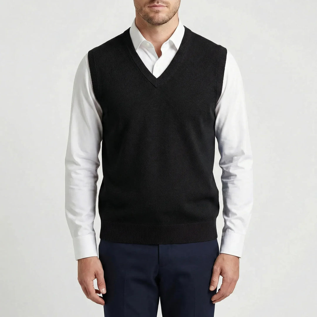 Men's V-neck sleeveless vest. Essential layering for modern men's fashion and style.