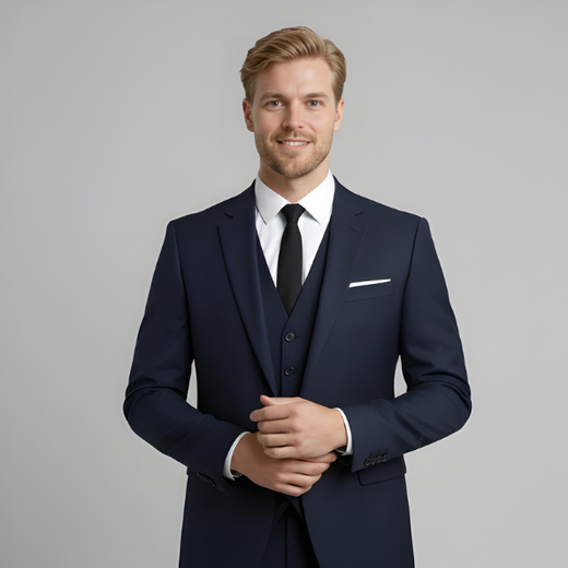 Men's slim fit 3-piece formal suit set with single-breasted jacket, ideal for weddings & business.