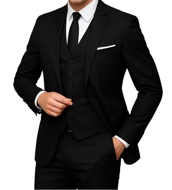 Modern men's slim fit single-breasted 3-piece suit set, versatile for formal fashion, business, or weddings.
