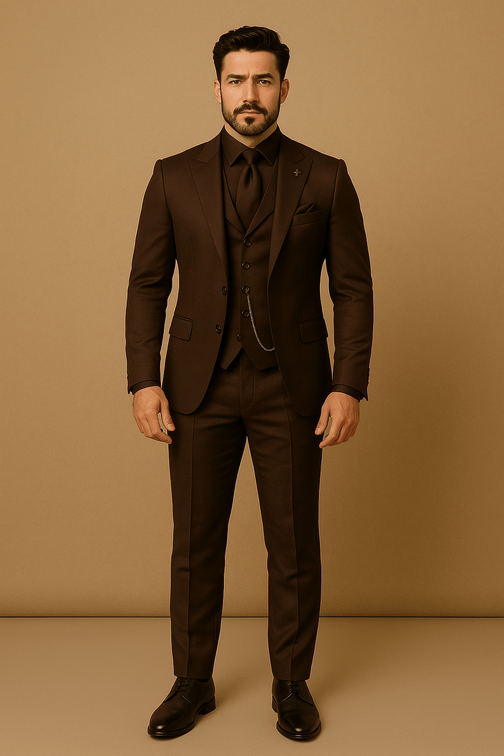 Premium men's slim fit 3-piece suit, offering comfort & style for formal events & business.