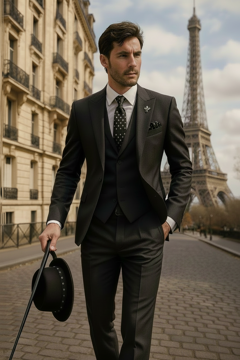 Tailored men's slim fit 3-piece suit. Modern design perfect for formal occasions & stylish event attire.