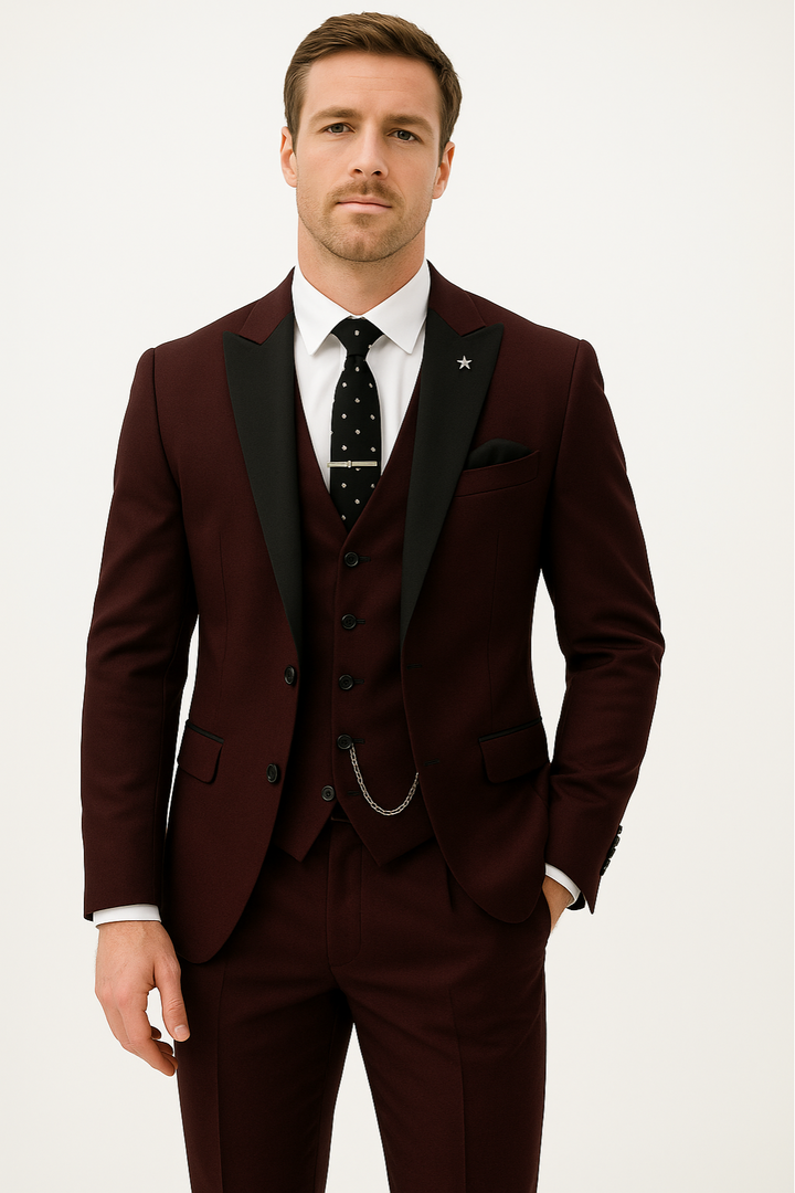 Men's slim-fit burgundy three-piece formal suit. Perfect tailored wedding, business, or special occasion attire.