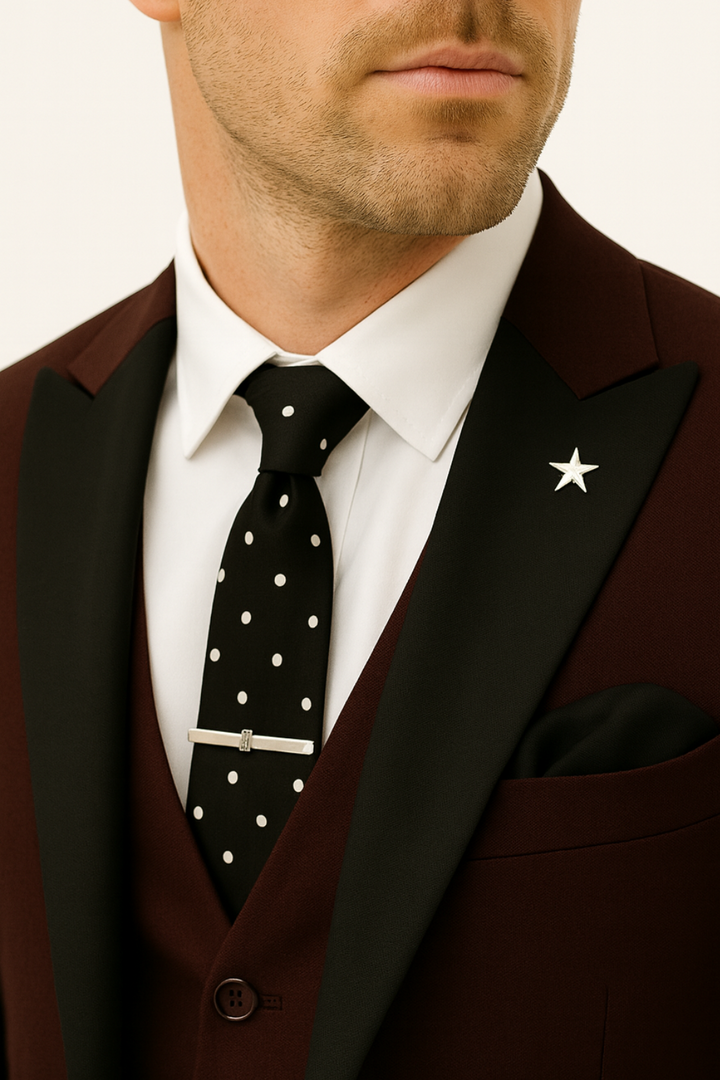 Tailored men's burgundy three-piece suit, ideal for formal events, weddings, or sharp business attire.