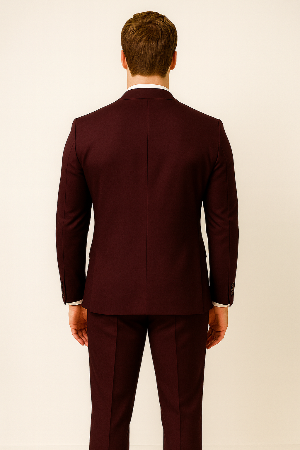 Stylish men's burgundy three-piece suit, tailored for a sharp look at weddings, proms, or business meetings.