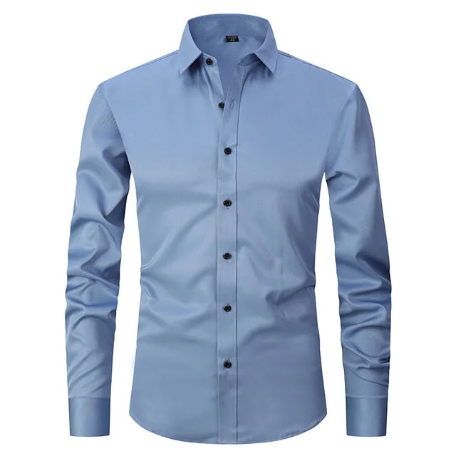 Close-up of a men's slim-fit button-down casual shirt, showing collar and button detailing.