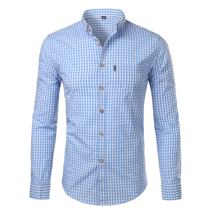 Men's slim fit checkered button down long sleeve shirt. Modern style for smart casual and everyday wear.