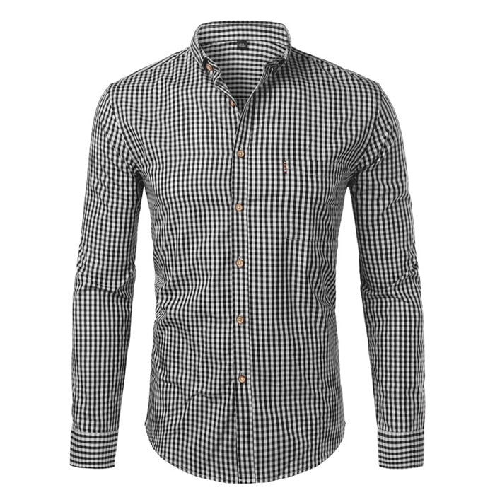 Modern men's fashion: slim fit checkered button down shirt, showcasing smart style and comfort.
