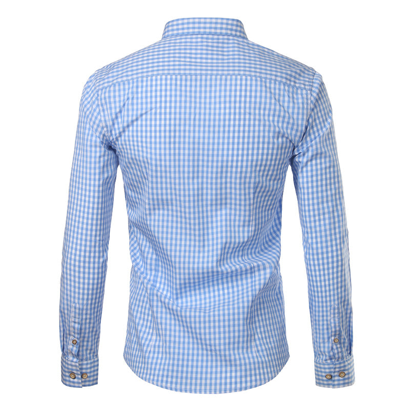 Close-up of a men's slim fit checkered button down shirt, highlighting the fabric, pattern, and details.