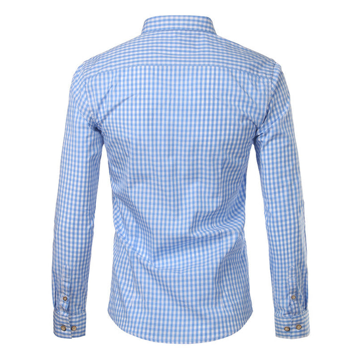 Close-up of a men's slim fit checkered button down shirt, highlighting the fabric, pattern, and details.