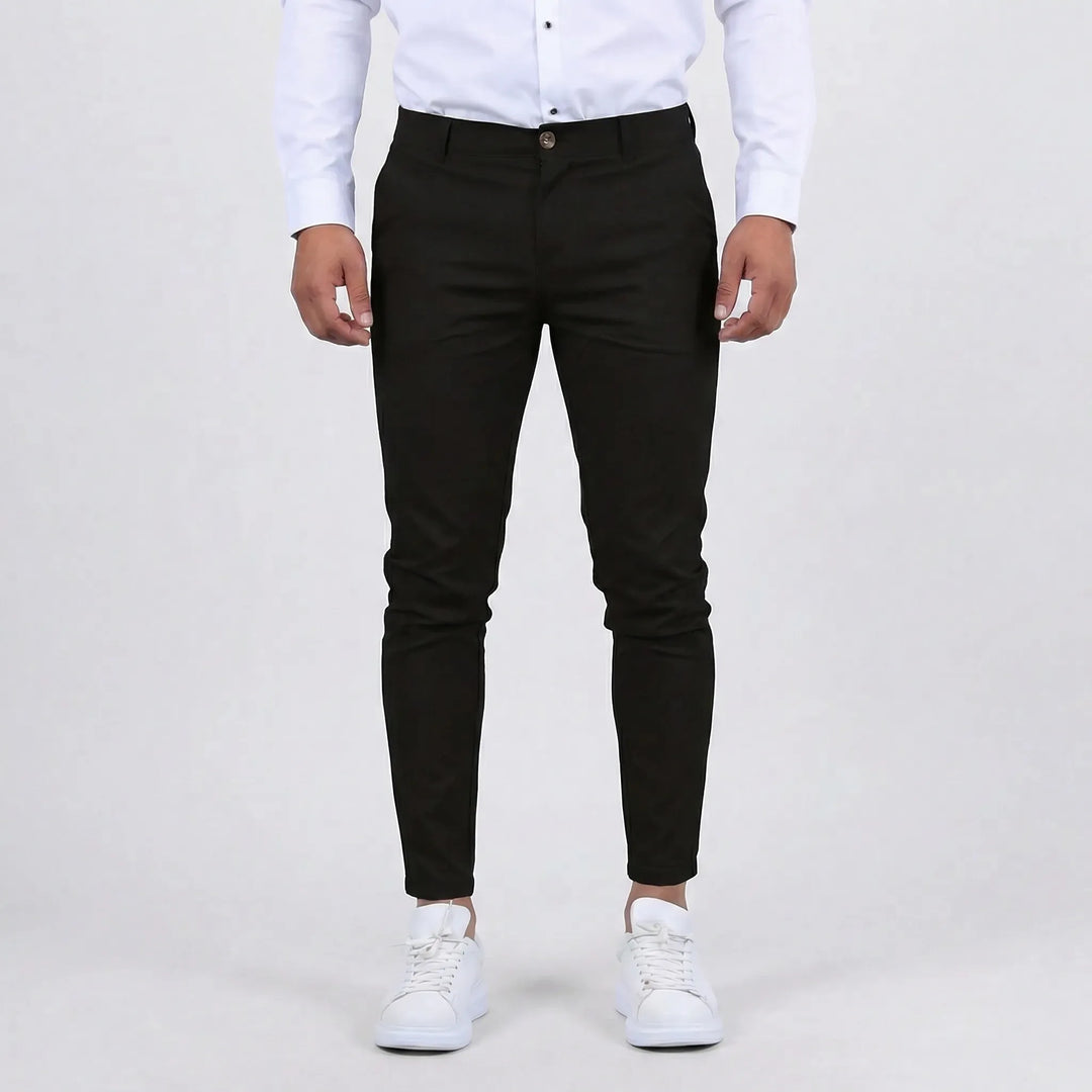 Versatile Men's Tapered Chino: Side view, demonstrating the sleek silhouette for both casual and formal wear.