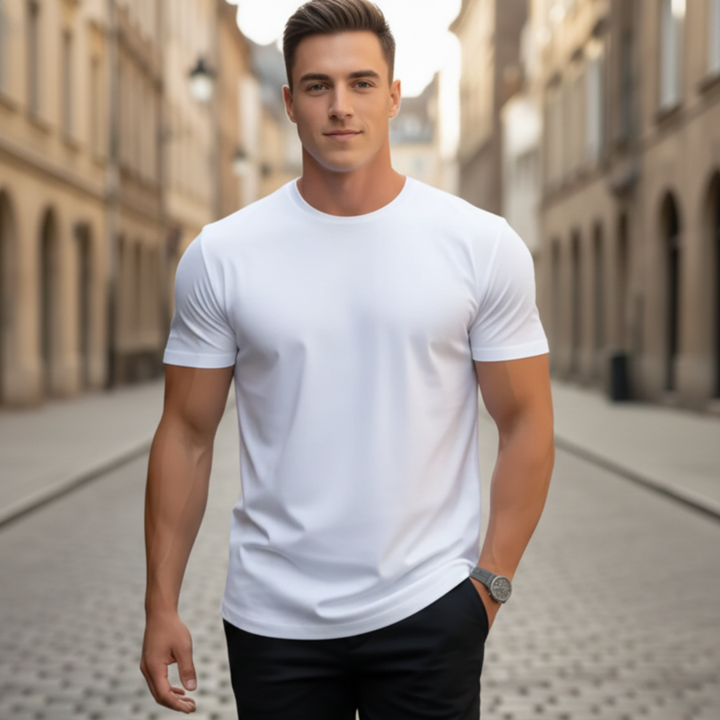 Must-have men's slim fit crew neck short sleeve tee, a basic everyday top for any casual wardrobe.