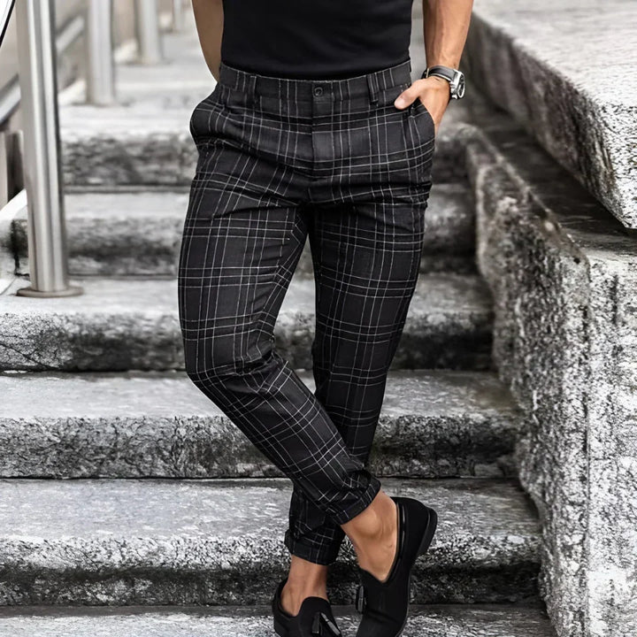 Elegant men's slim fit cropped checked dress pants, a modern take on classic formal trousers.
