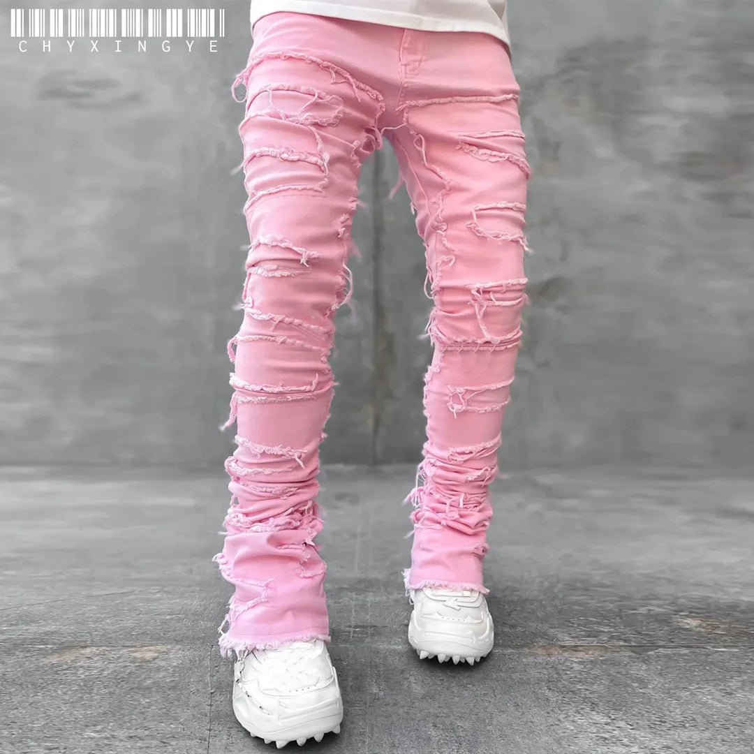 Stylish men's gray slim fit jeans with distressed rips. Perfect for urban fashion & a modern edgy look.