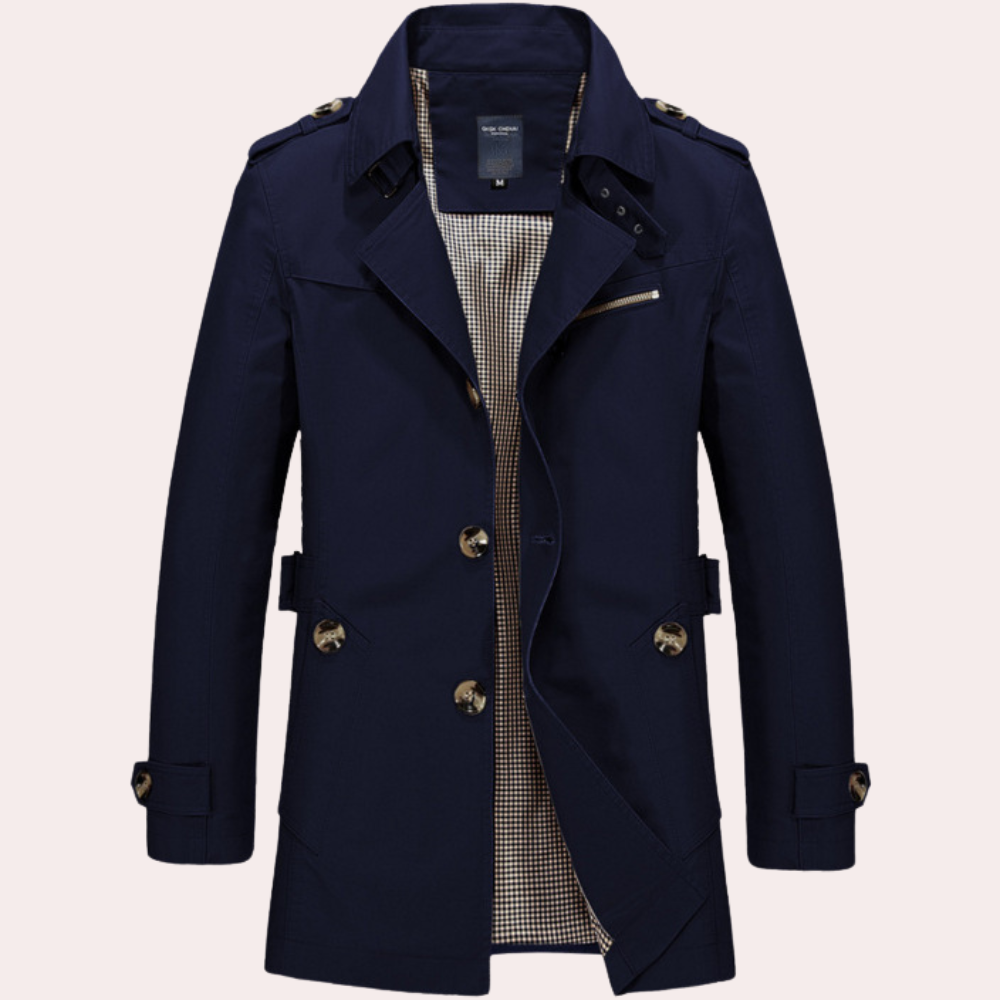 Elegant men's slim fit trench coat with a double-breasted front, essential for winter fashion.