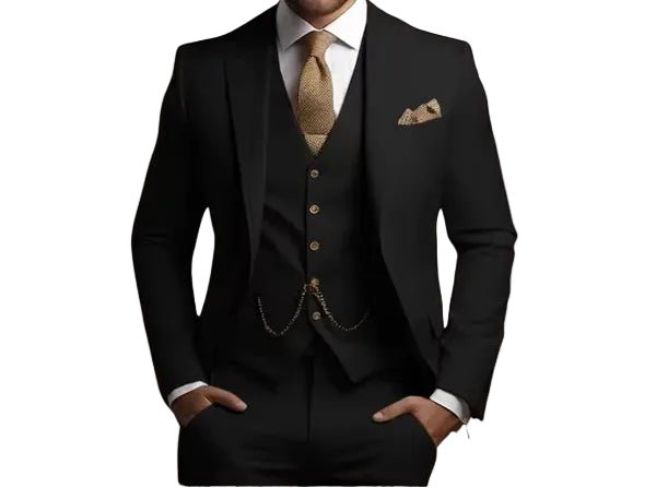 Modern slim fit men's formal three-piece suit. Expertly tailored wedding suit for sophisticated style & comfort.