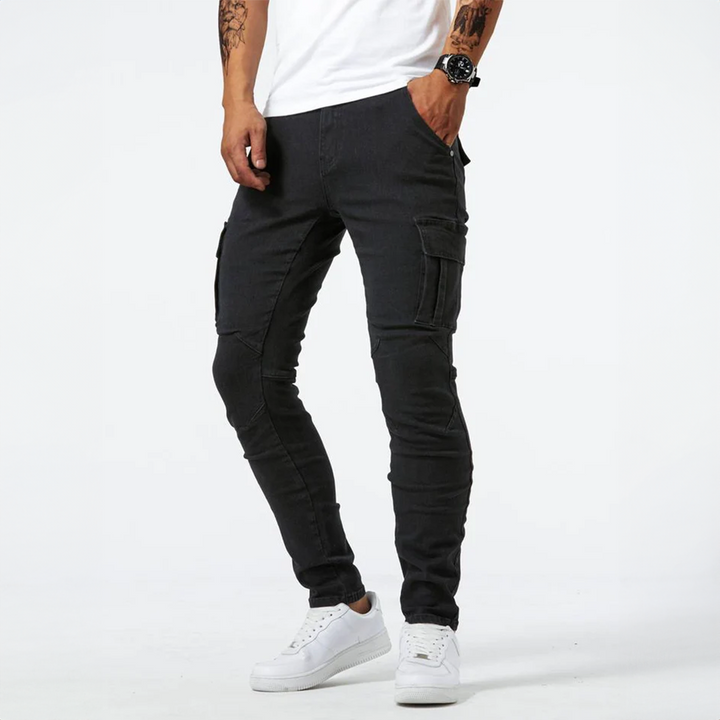 Full shot of black men's slim fit cargo pants, perfect for casual fashion & modern menswear style.