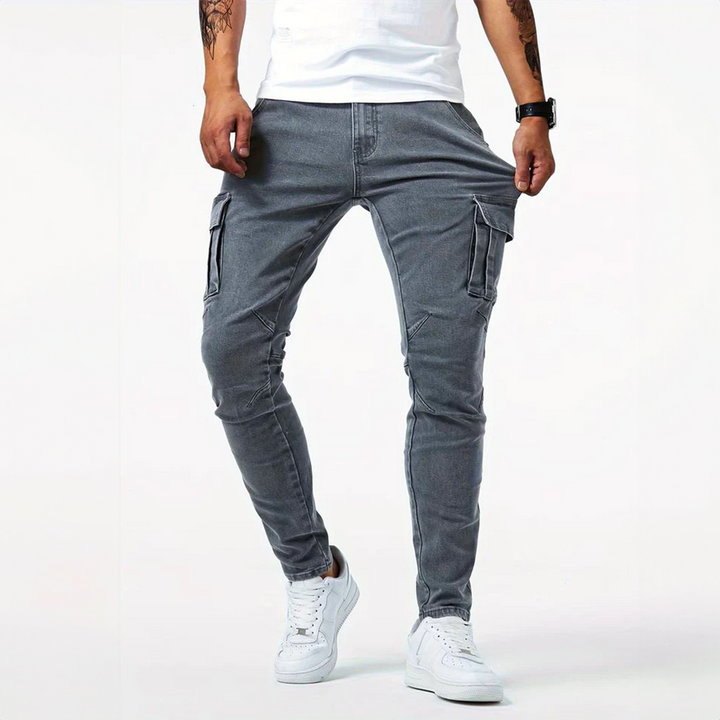 Stylish men's utility cargo pants in a slim fit design, with functional side flap pockets.