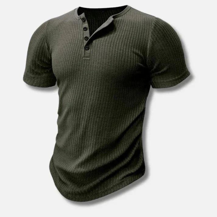 Modern men's slim-fit Henley t-shirt, a fashionable short-sleeve button-up top for versatile casual style.