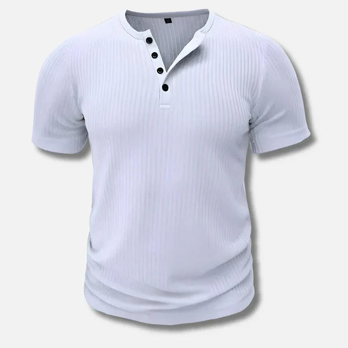 Men's slim-fit short-sleeve Henley t-shirt, a versatile crewneck button-up top for casual wear & modern fashion.