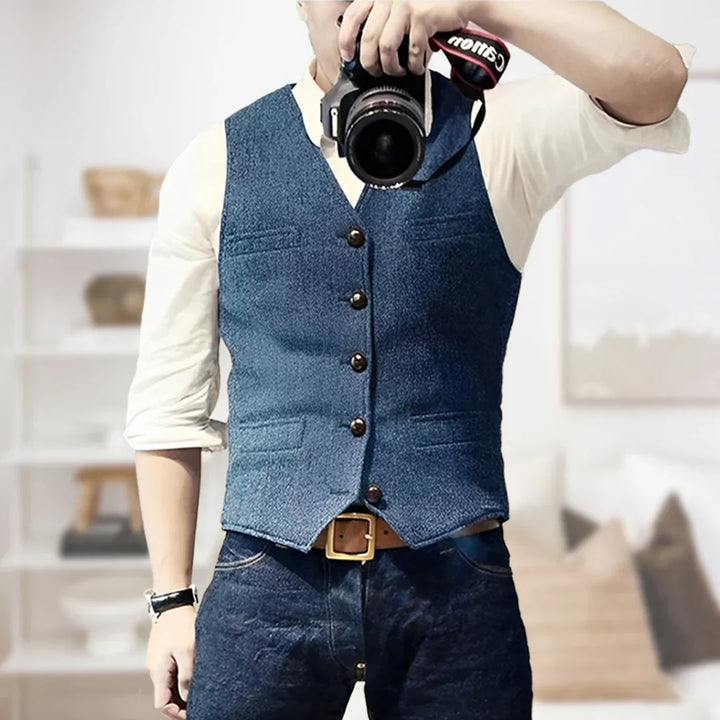 Men's slim fit herringbone tweed waistcoat, classic style for formal wear.